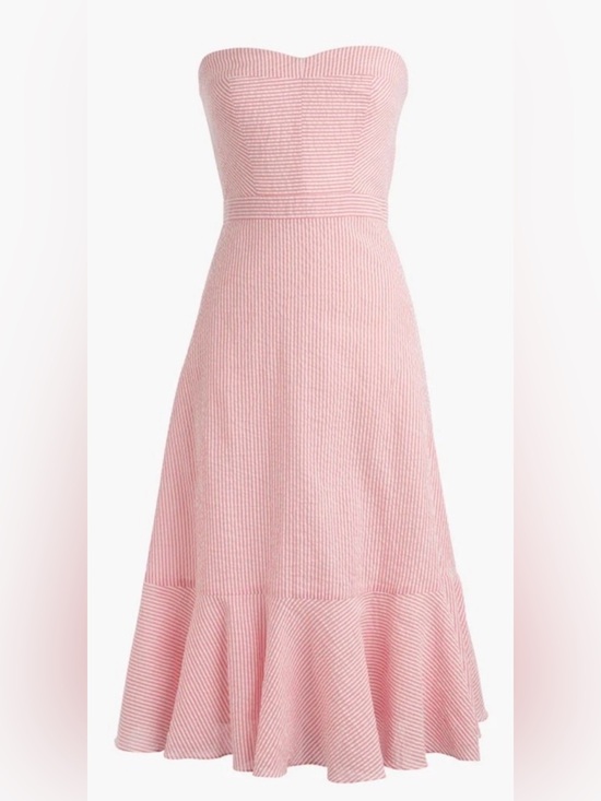J. Crew Dresses & Skirts - J. Crew Strapless Ruffle Hem Seersucker Midi Dress in Pink White NWT